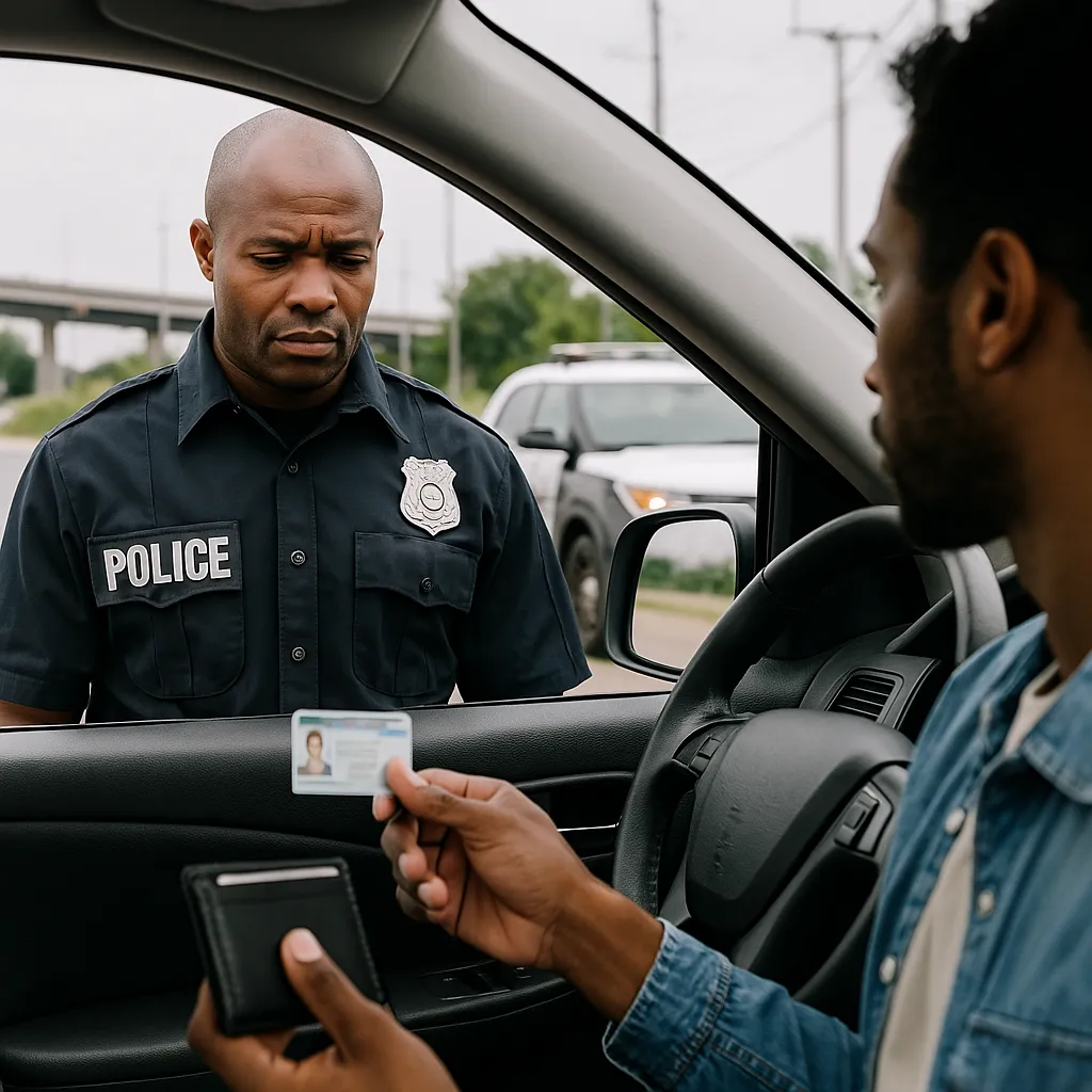 Policía en New Jersey revisando documentos vehiculares, imagen ideal para artículos sobre seguros de autos y legalidad en trámites sin licencia.