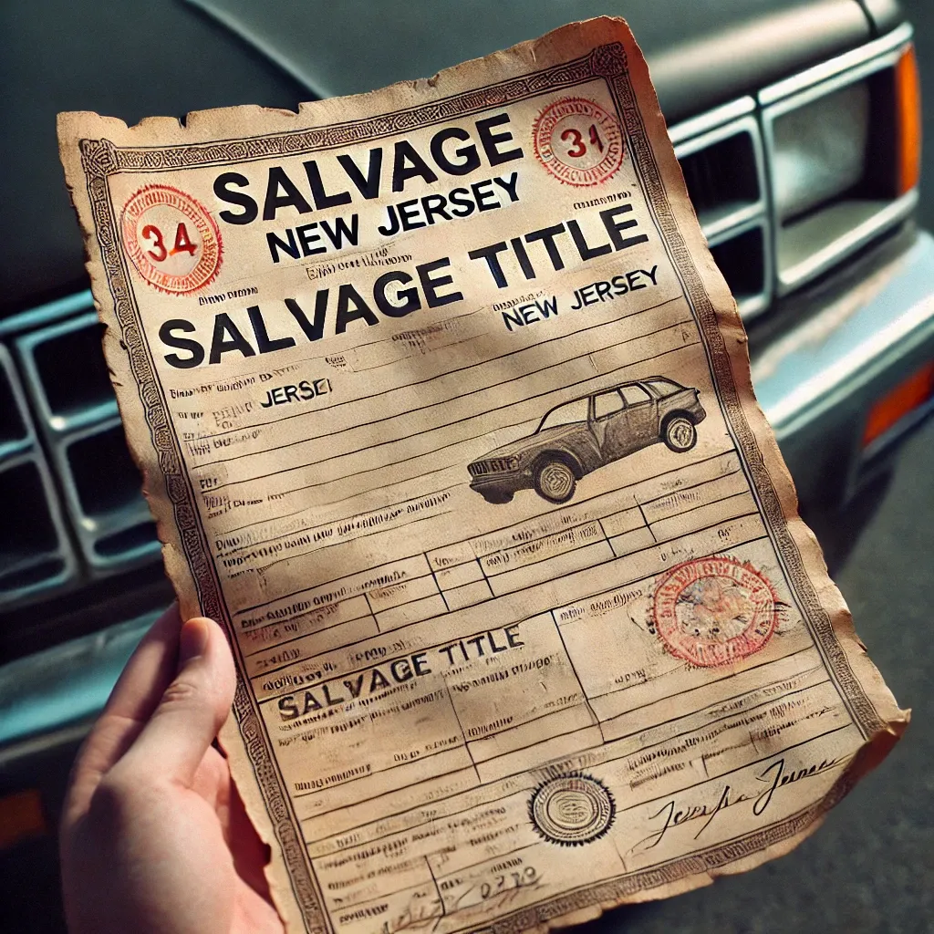 Documento de título salvage en New Jersey con detalles legales y requisitos para su conversión a título reconstruido