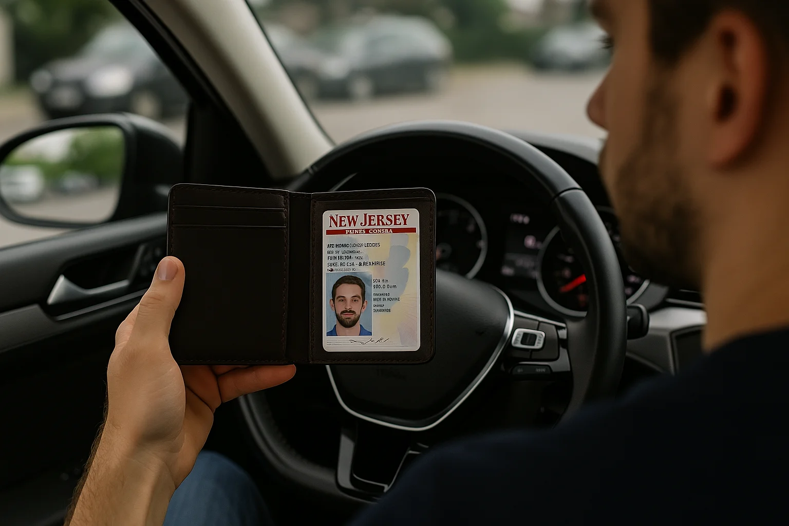 Conductor en New Jersey con su licencia de conducir en la billetera, simbolizando la importancia de portar el documento actualizado al conducir en el estado. 