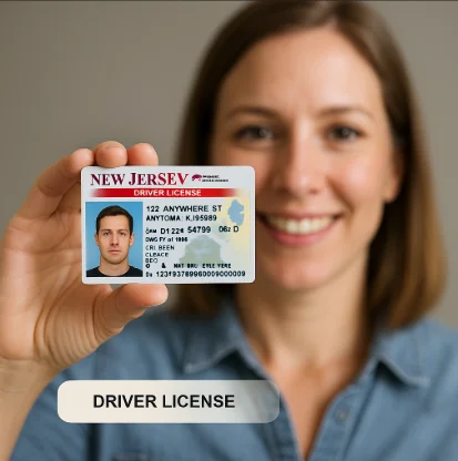 Persona mostrando su licencia de conducir de New Jersey, ejemplo del resultado exitoso tras completar el proceso de rastreo. 
