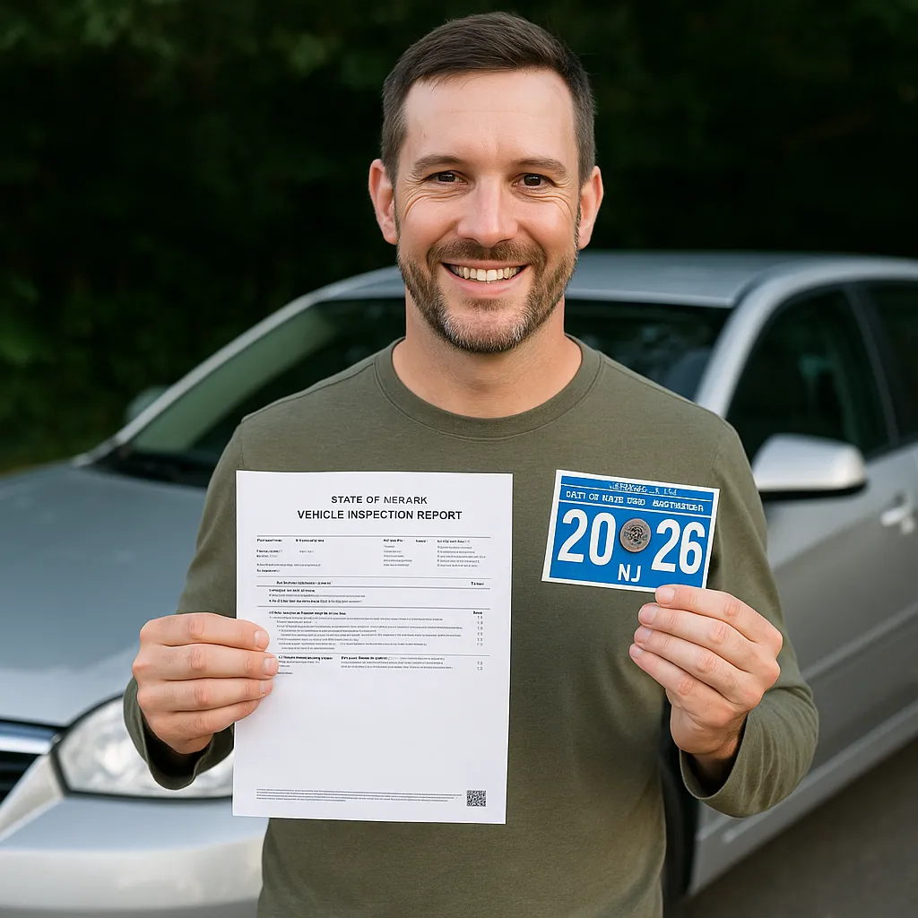 Hombre sonriente con documento de inspección aprobado y calcomanías en mano junto a su coche en New Jersey.