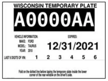 Ejemplo oficial de placas temporales en Wisconsin
