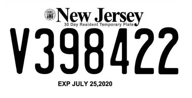 Ejemplo oficial de placas temporales en New Jersey
