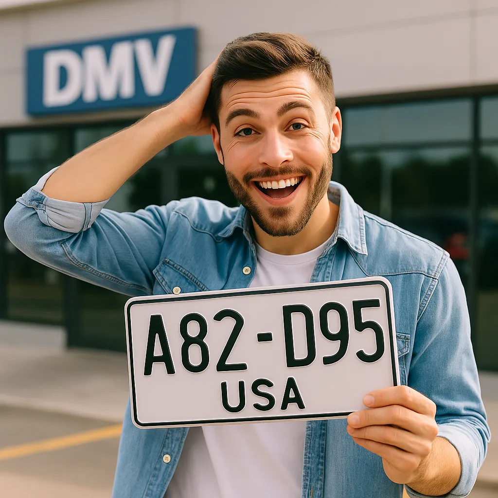 Joven sonriente sosteniendo una placa de metal frente a una oficina del DMV, luego de completar su trámite exitosamente.