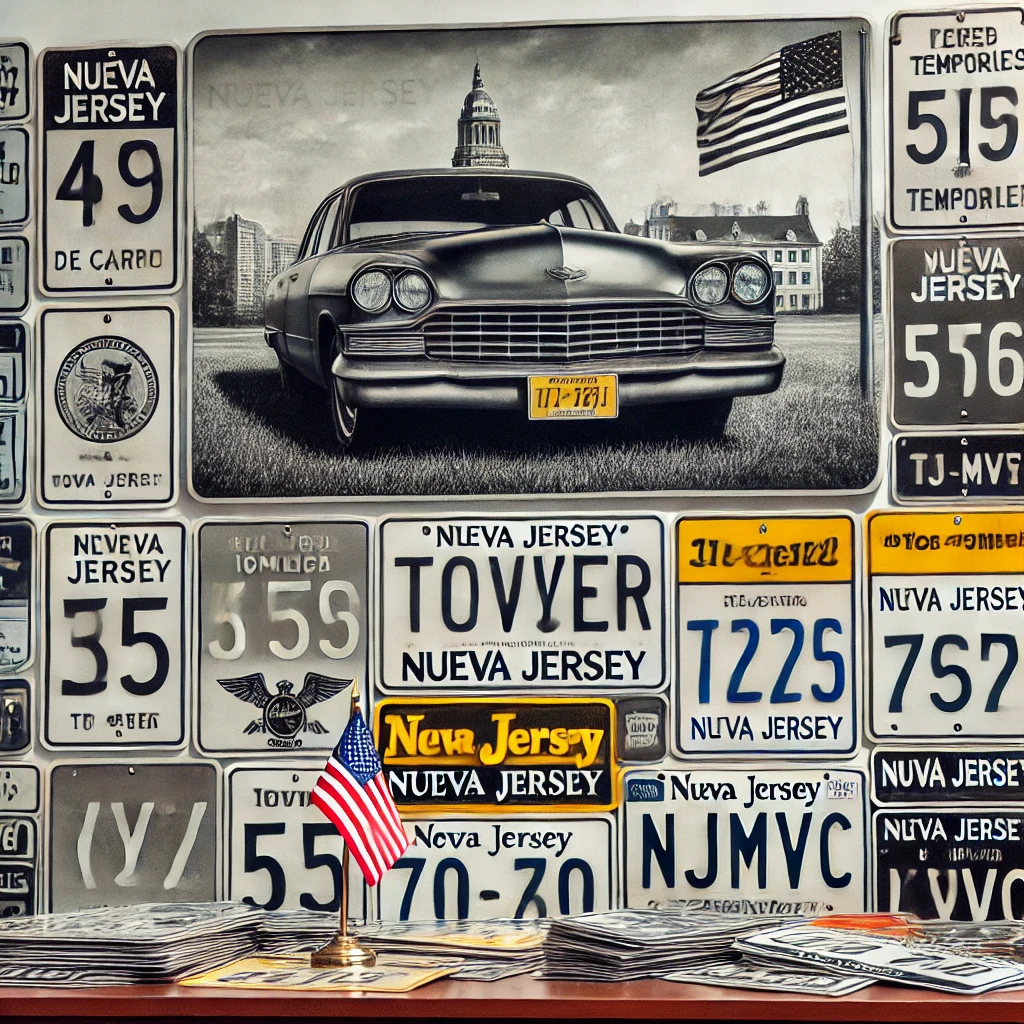 Un conjunto de placas de carro en Nueva Jersey, incluyendo placas de metal y temporales, colocadas sobre un escritorio en una oficina del NJMVC, mostrando opciones y costos.